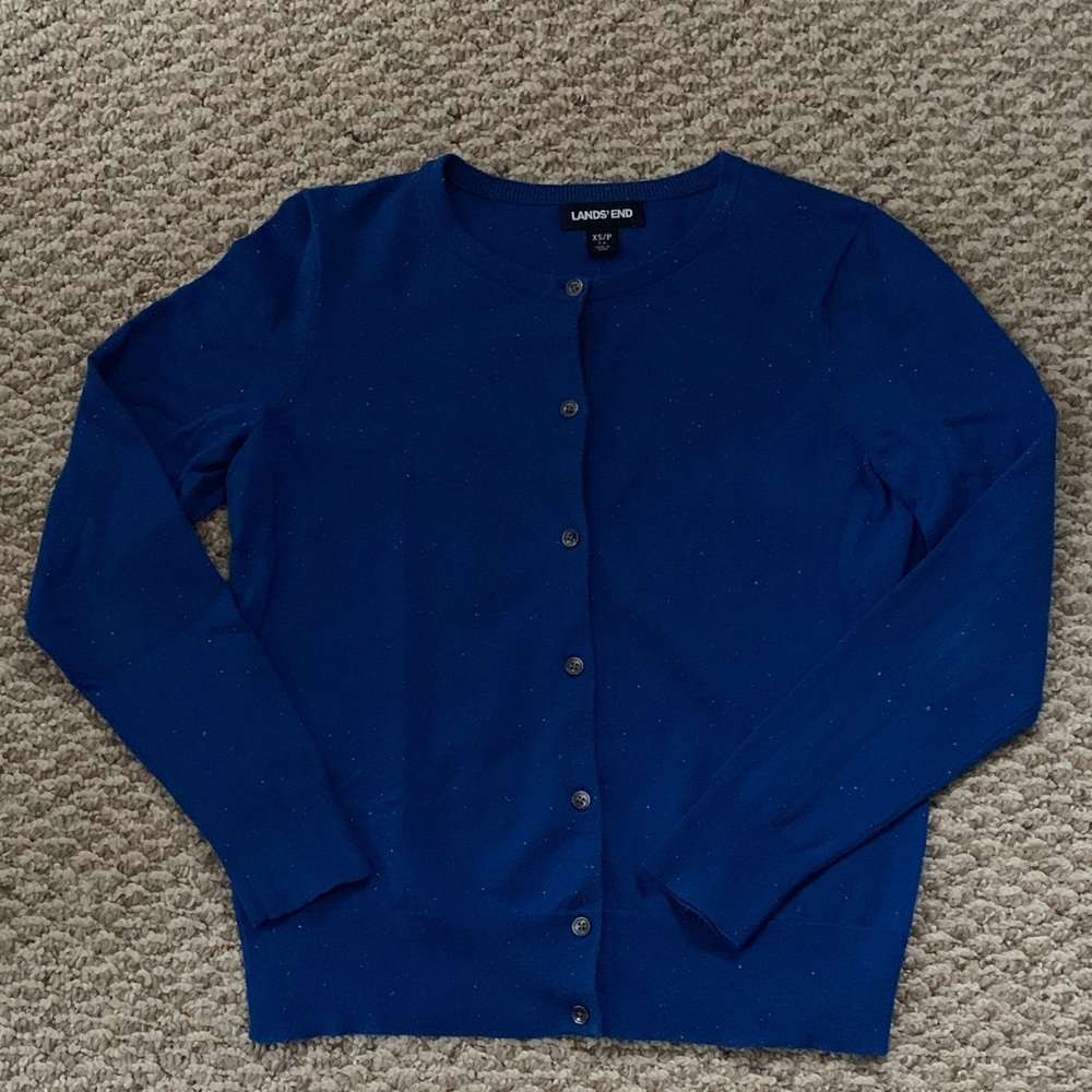 Lands' End Women's Bright Blue Speckled Button-Front Crewneck Cardigan
